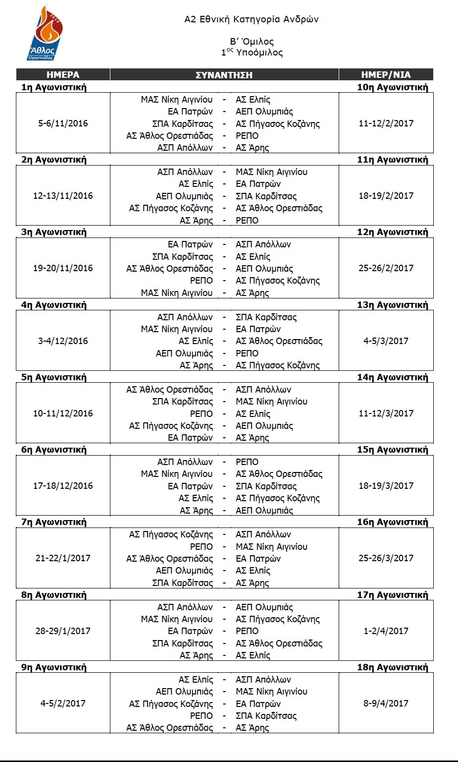 Το πρόγραμμα  των αγώνων του Άθλου Ορεστιάδας για την Α2 εθνική κατηγορία. 